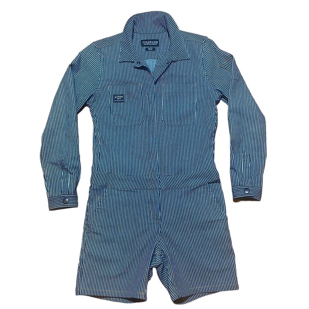 WILDFANG Workwear Collection Romper Coveralls Size XS Blue White Striped Stretch